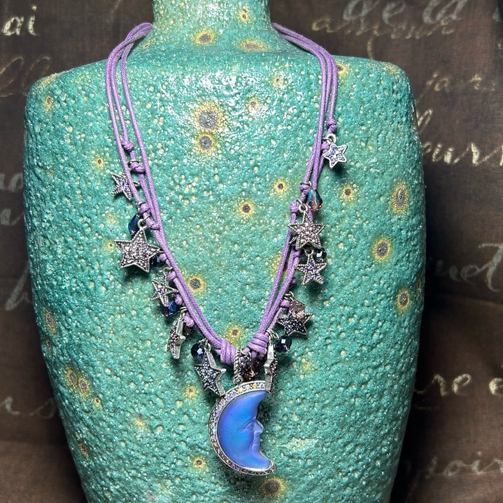 Kirks Folly purple glass moon and stars necklace